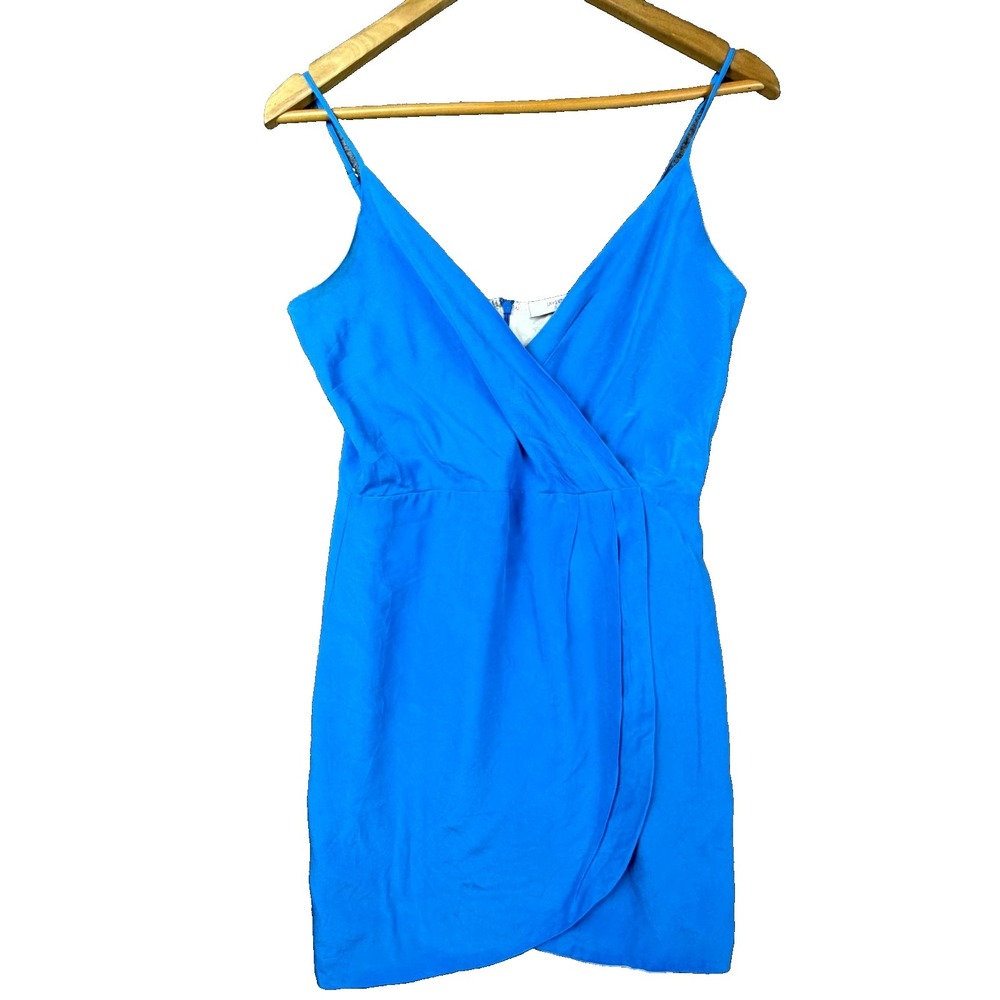 Lavender Brown Faux Wrap Mini Dress Womens Medium Blue 100% Silk Surplice Neck
